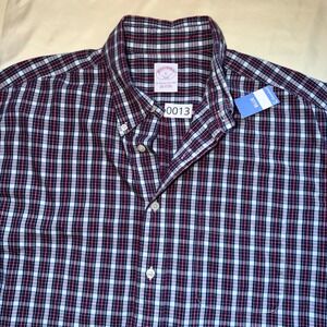 Brooks Brothers 346 Mens Large Plaid Button Down Shirt Navy Red White Cotton
